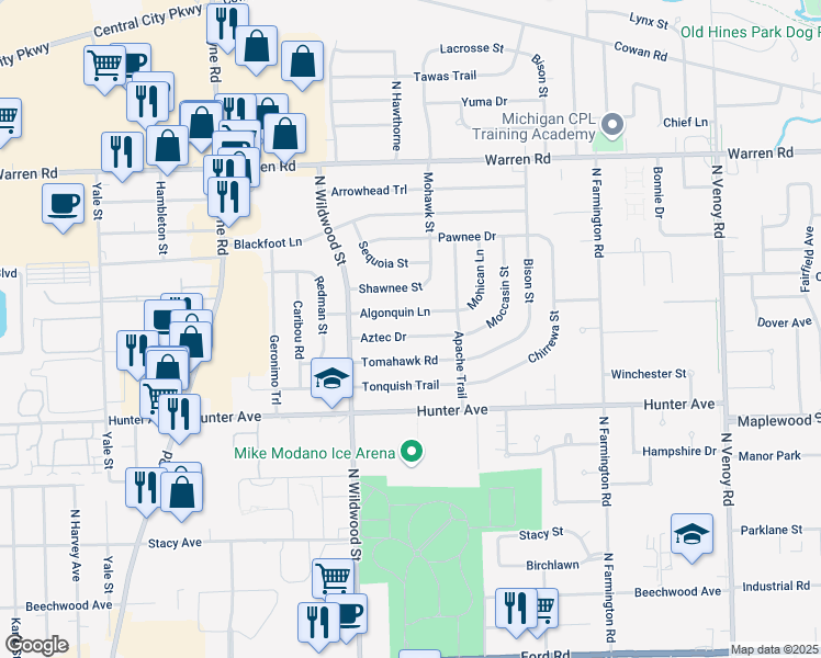 map of restaurants, bars, coffee shops, grocery stores, and more near 34143 Algonquin Street in Westland