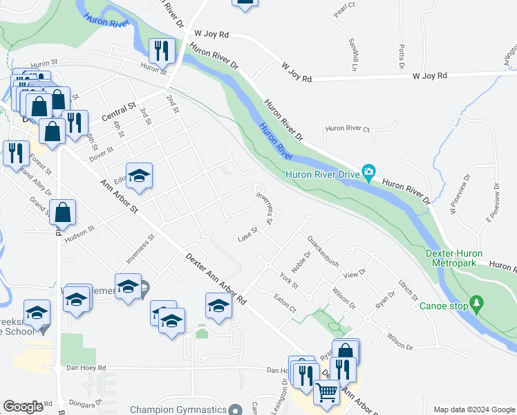 map of restaurants, bars, coffee shops, grocery stores, and more near 3659 Cushing Court in Dexter