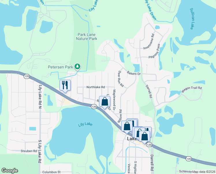 map of restaurants, bars, coffee shops, grocery stores, and more near 324 Northlake Road in Lakemoor