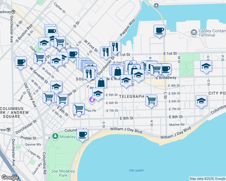 map of restaurants, bars, coffee shops, grocery stores, and more near 543 East 4th Street in Boston