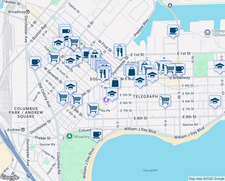 map of restaurants, bars, coffee shops, grocery stores, and more near 43 G Street in Boston