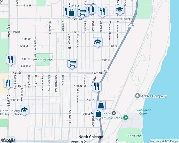 map of restaurants, bars, coffee shops, grocery stores, and more near 810 14th Street in North Chicago