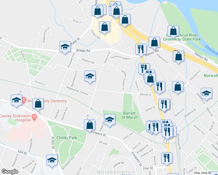 map of restaurants, bars, coffee shops, grocery stores, and more near 99 Barrett Street in Northampton