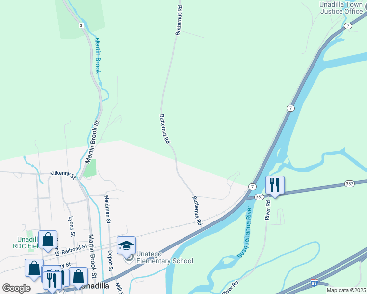 map of restaurants, bars, coffee shops, grocery stores, and more near 190 Butternut Road in Unadilla