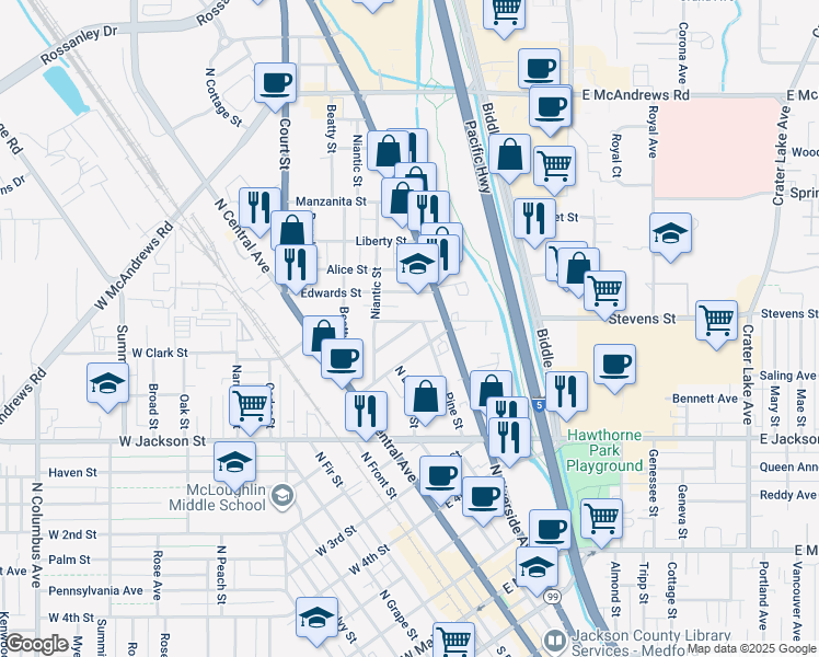 map of restaurants, bars, coffee shops, grocery stores, and more near 531 Austin Street in Medford