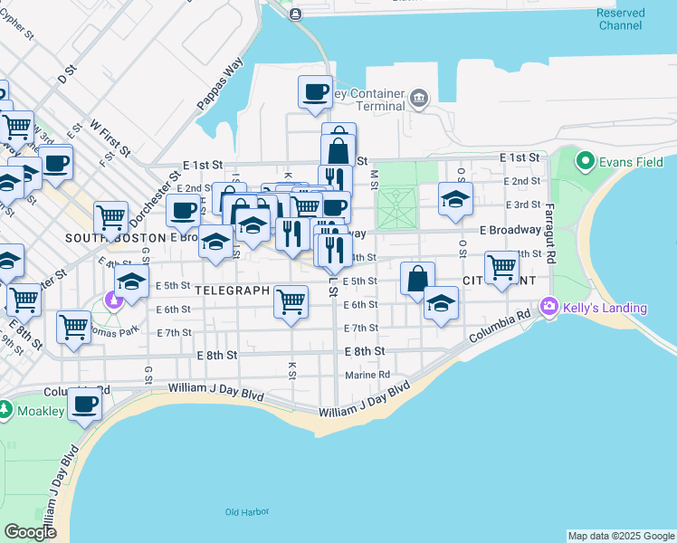 map of restaurants, bars, coffee shops, grocery stores, and more near 85 L Street in Boston