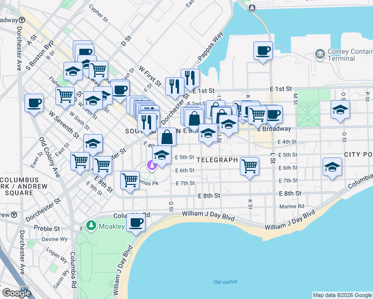 map of restaurants, bars, coffee shops, grocery stores, and more near 543 East 4th Street in Boston