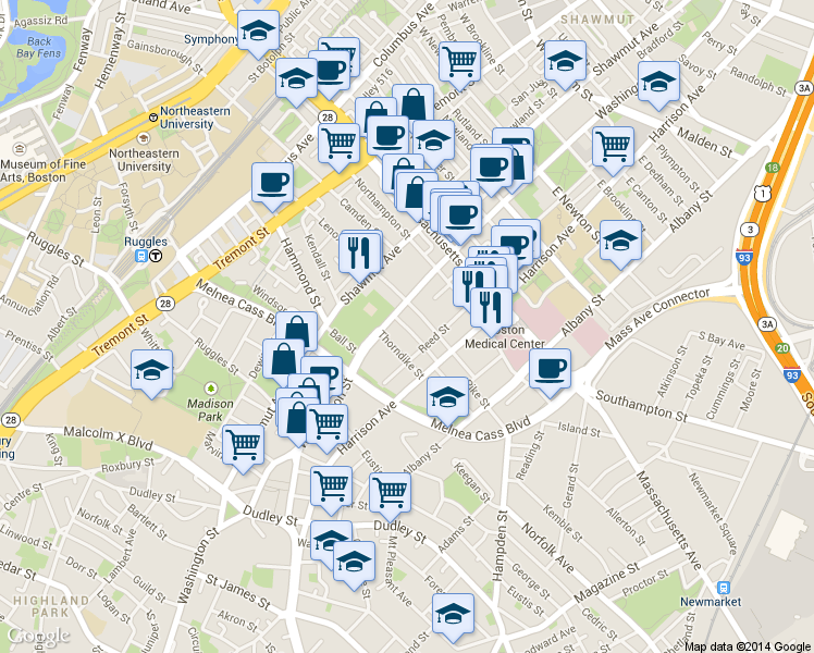 map of restaurants, bars, coffee shops, grocery stores, and more near in Boston