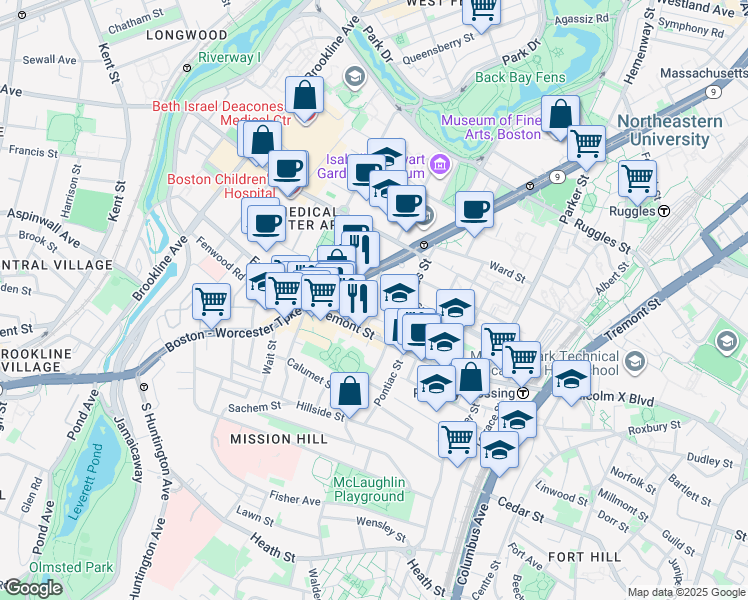 map of restaurants, bars, coffee shops, grocery stores, and more near 31 Worthington Street in Boston