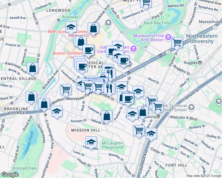 map of restaurants, bars, coffee shops, grocery stores, and more near in Boston