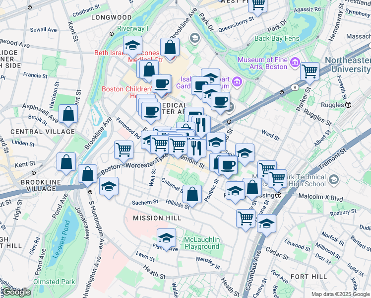 map of restaurants, bars, coffee shops, grocery stores, and more near in Boston