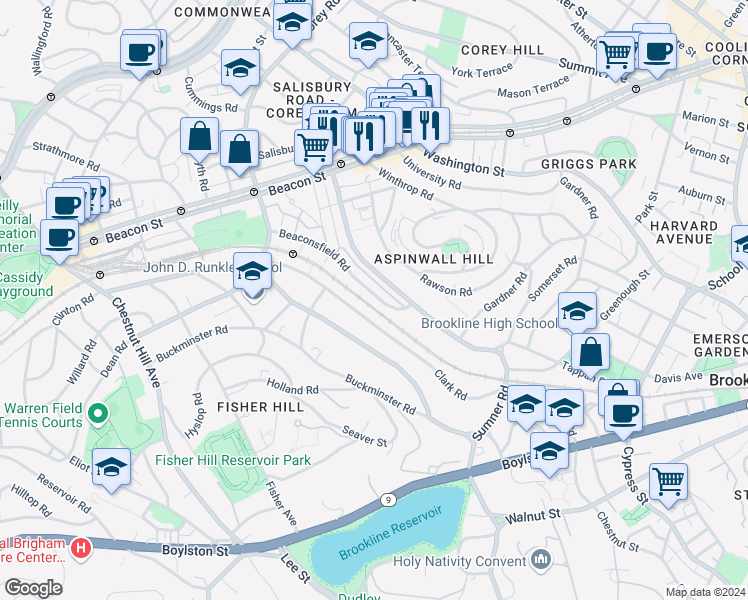 map of restaurants, bars, coffee shops, grocery stores, and more near 46 Beaconsfield Road in Brookline