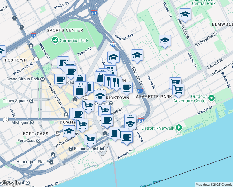 map of restaurants, bars, coffee shops, grocery stores, and more near 733 Saint Antoine in Detroit