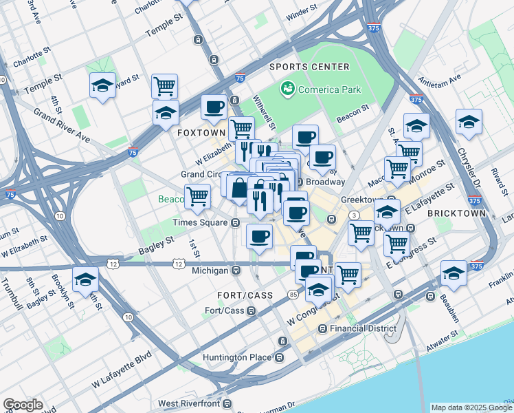 map of restaurants, bars, coffee shops, grocery stores, and more near 1450 Washington Boulevard in Detroit