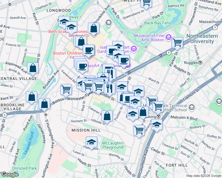 map of restaurants, bars, coffee shops, grocery stores, and more near 20 Worthington Street in Boston
