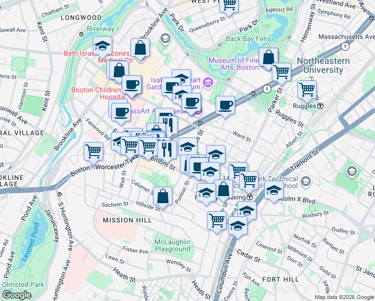 map of restaurants, bars, coffee shops, grocery stores, and more near 75 Saint Alphonsus Street in Roxbury Crossing