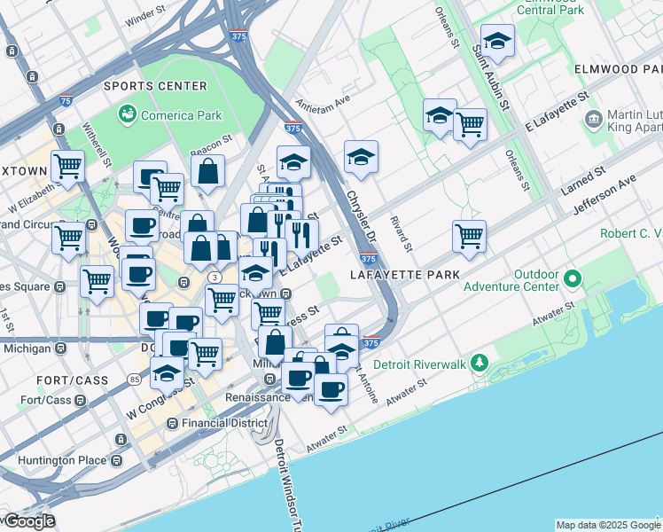 map of restaurants, bars, coffee shops, grocery stores, and more near 600 East Lafayette Street in Detroit