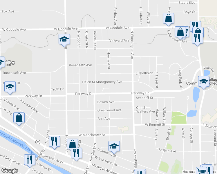 map of restaurants, bars, coffee shops, grocery stores, and more near 221 Howland Street in Battle Creek