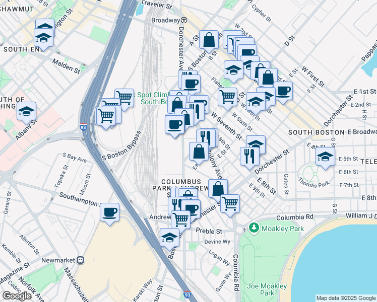 map of restaurants, bars, coffee shops, grocery stores, and more near 412 Dorchester Avenue in Boston