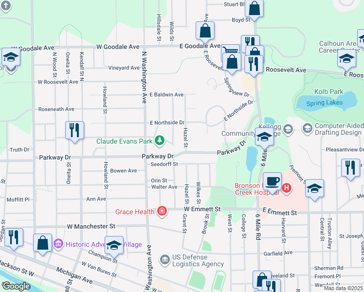 map of restaurants, bars, coffee shops, grocery stores, and more near 137 Hazel Street in Battle Creek
