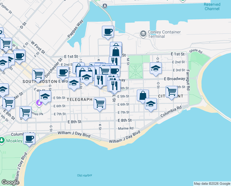 map of restaurants, bars, coffee shops, grocery stores, and more near 85 L Street in Boston