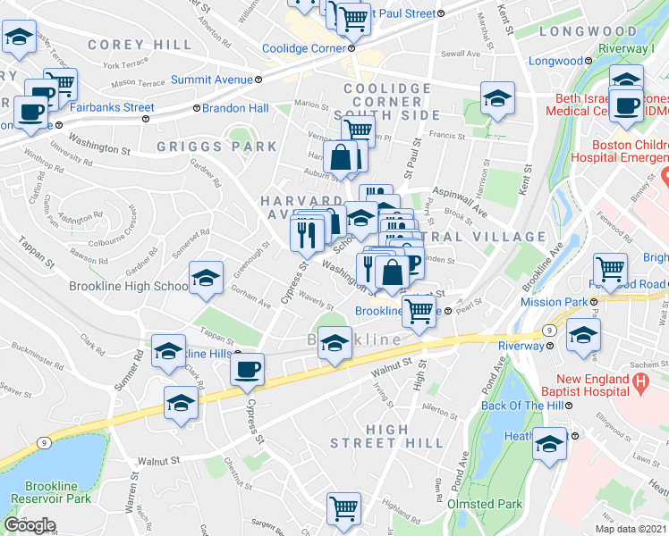 map of restaurants, bars, coffee shops, grocery stores, and more near Washington St & Goodwin Pl in Brookline