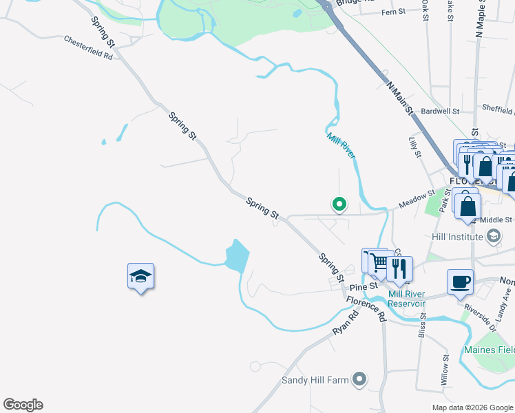 map of restaurants, bars, coffee shops, grocery stores, and more near 184 Spring Street in Northampton