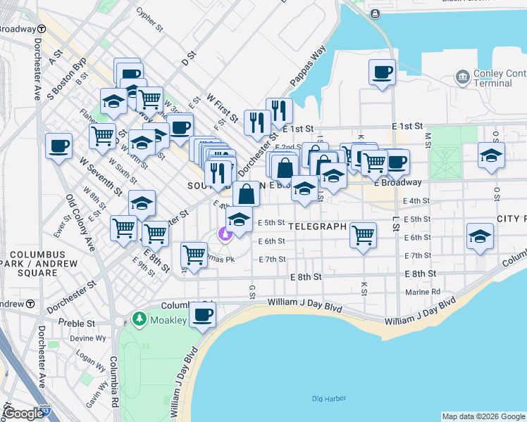 map of restaurants, bars, coffee shops, grocery stores, and more near 3 4th Street Place in Boston