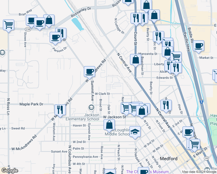 map of restaurants, bars, coffee shops, grocery stores, and more near 402 West Clark Street in Medford