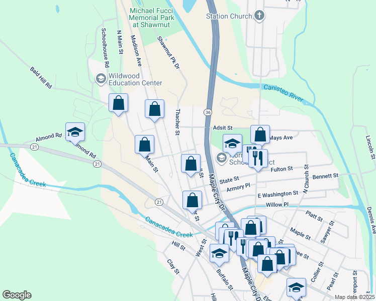 map of restaurants, bars, coffee shops, grocery stores, and more near Gurnsey Ln in Hornell