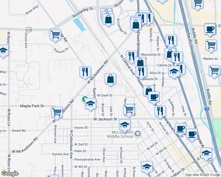 map of restaurants, bars, coffee shops, grocery stores, and more near 402 West Clark Street in Medford
