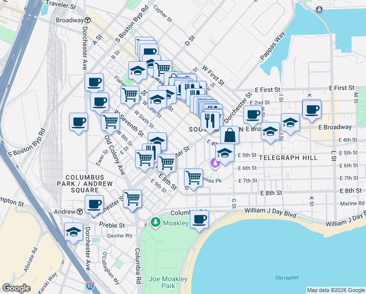 map of restaurants, bars, coffee shops, grocery stores, and more near 161 Dorchester Street in Boston