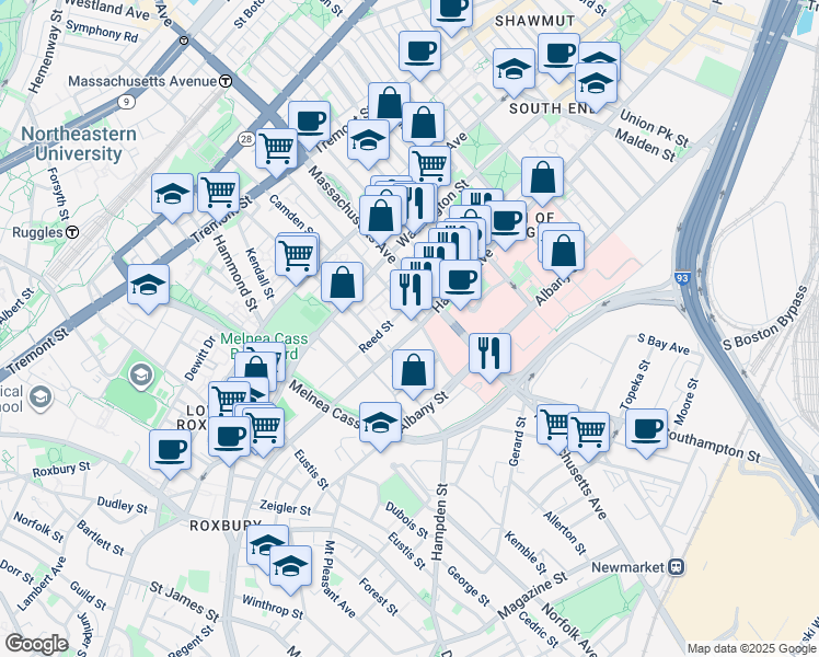 map of restaurants, bars, coffee shops, grocery stores, and more near 62-64 Northampton Street in Boston