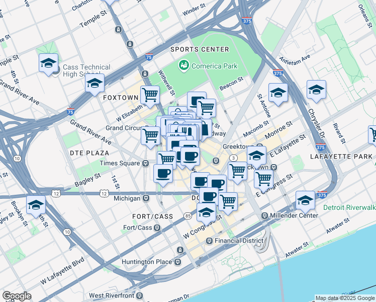 map of restaurants, bars, coffee shops, grocery stores, and more near 1400 Woodward Avenue in Detroit