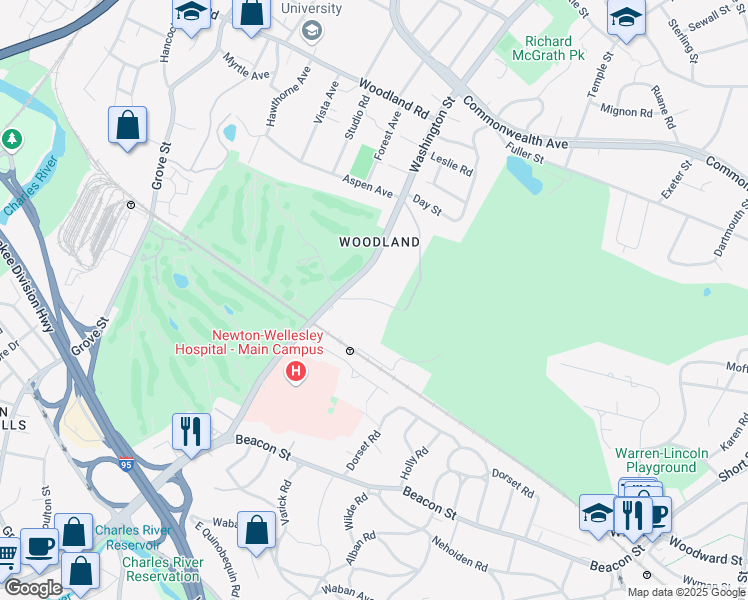 map of restaurants, bars, coffee shops, grocery stores, and more near 151 Stanton Avenue in Newton