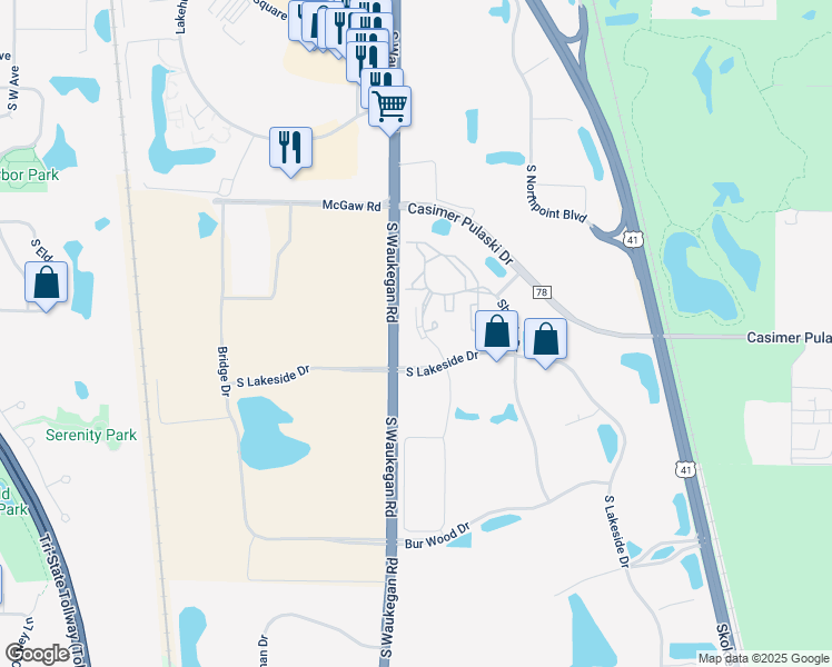 map of restaurants, bars, coffee shops, grocery stores, and more near 1440 South White Oak Drive in Waukegan