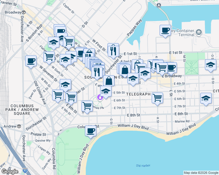 map of restaurants, bars, coffee shops, grocery stores, and more near 43 G Street in Boston