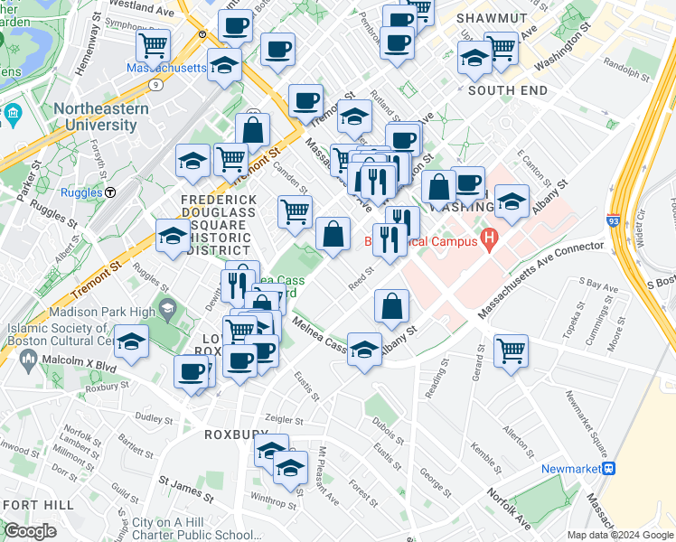 map of restaurants, bars, coffee shops, grocery stores, and more near in Boston