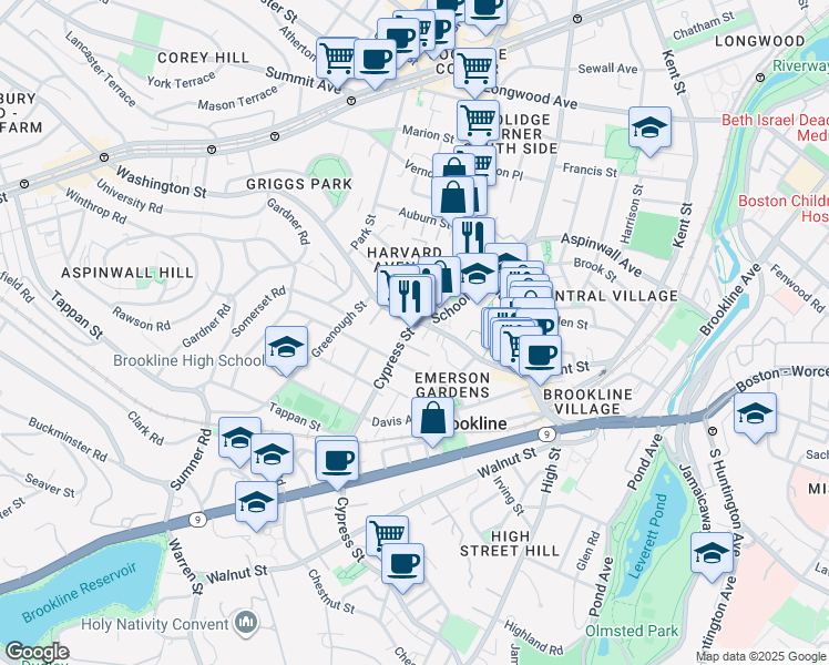 map of restaurants, bars, coffee shops, grocery stores, and more near 8 Cypress Street in Brookline