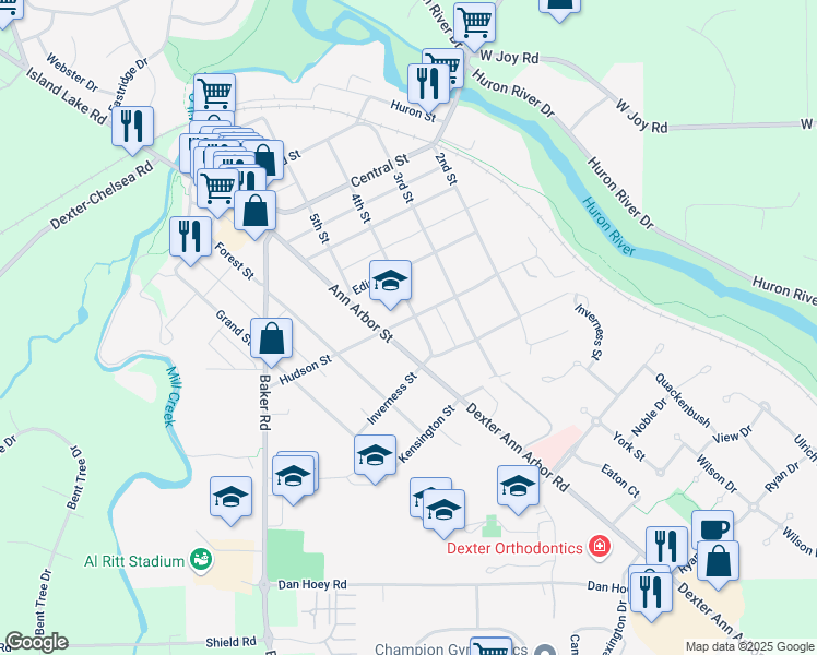 map of restaurants, bars, coffee shops, grocery stores, and more near 3340 Hudson Street in Dexter