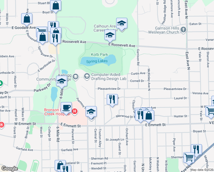 map of restaurants, bars, coffee shops, grocery stores, and more near 137 Pleasantview Drive in Battle Creek