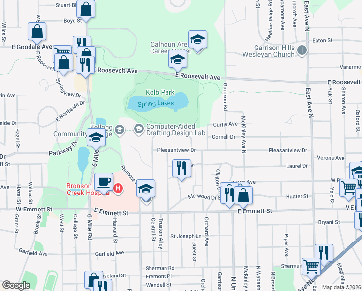 map of restaurants, bars, coffee shops, grocery stores, and more near 137 Pleasantview Drive in Battle Creek