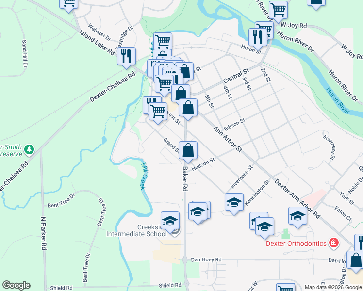 map of restaurants, bars, coffee shops, grocery stores, and more near 3045 Baker Road in Dexter