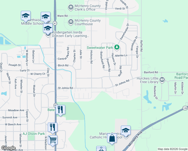 map of restaurants, bars, coffee shops, grocery stores, and more near 513 Hickory Road in Woodstock