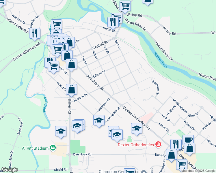 map of restaurants, bars, coffee shops, grocery stores, and more near 3340 Hudson Street in Dexter