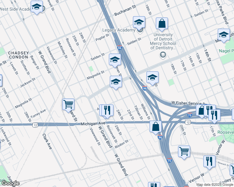 map of restaurants, bars, coffee shops, grocery stores, and more near 3336 23rd Street in Detroit