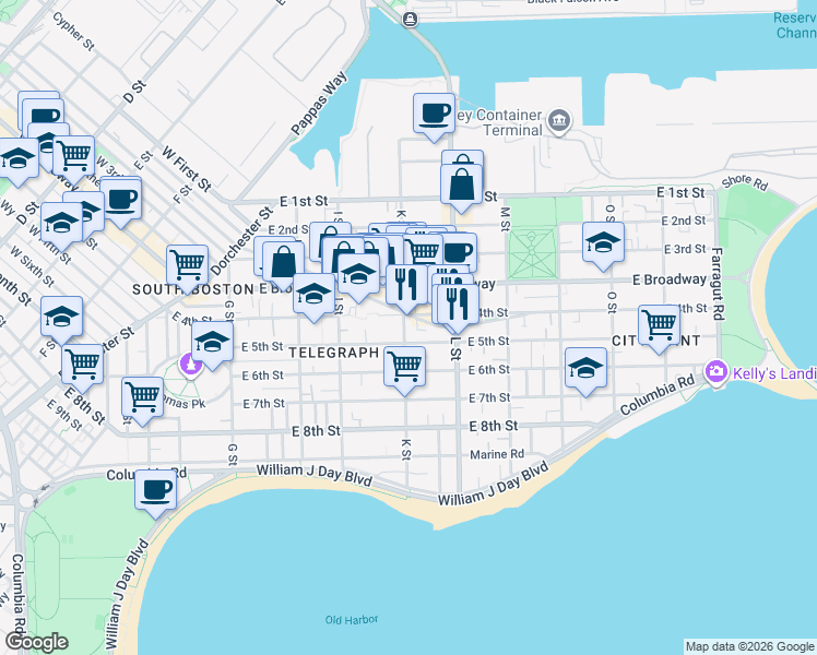 map of restaurants, bars, coffee shops, grocery stores, and more near 689 East 4th Street in Boston