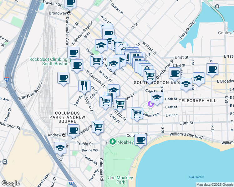 map of restaurants, bars, coffee shops, grocery stores, and more near 52 F Street in Boston