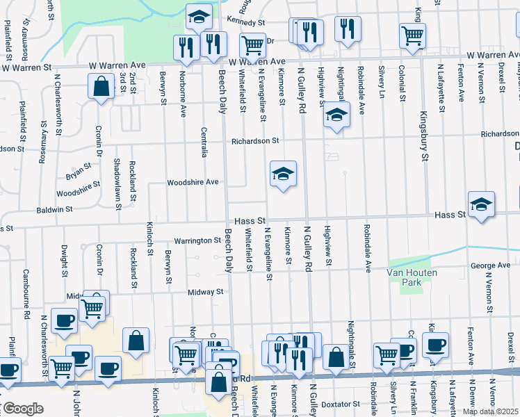 map of restaurants, bars, coffee shops, grocery stores, and more near 25623 Baldwin Street in Dearborn Heights