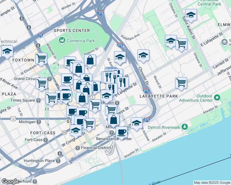 map of restaurants, bars, coffee shops, grocery stores, and more near 3411 East Lafayette Street in Detroit